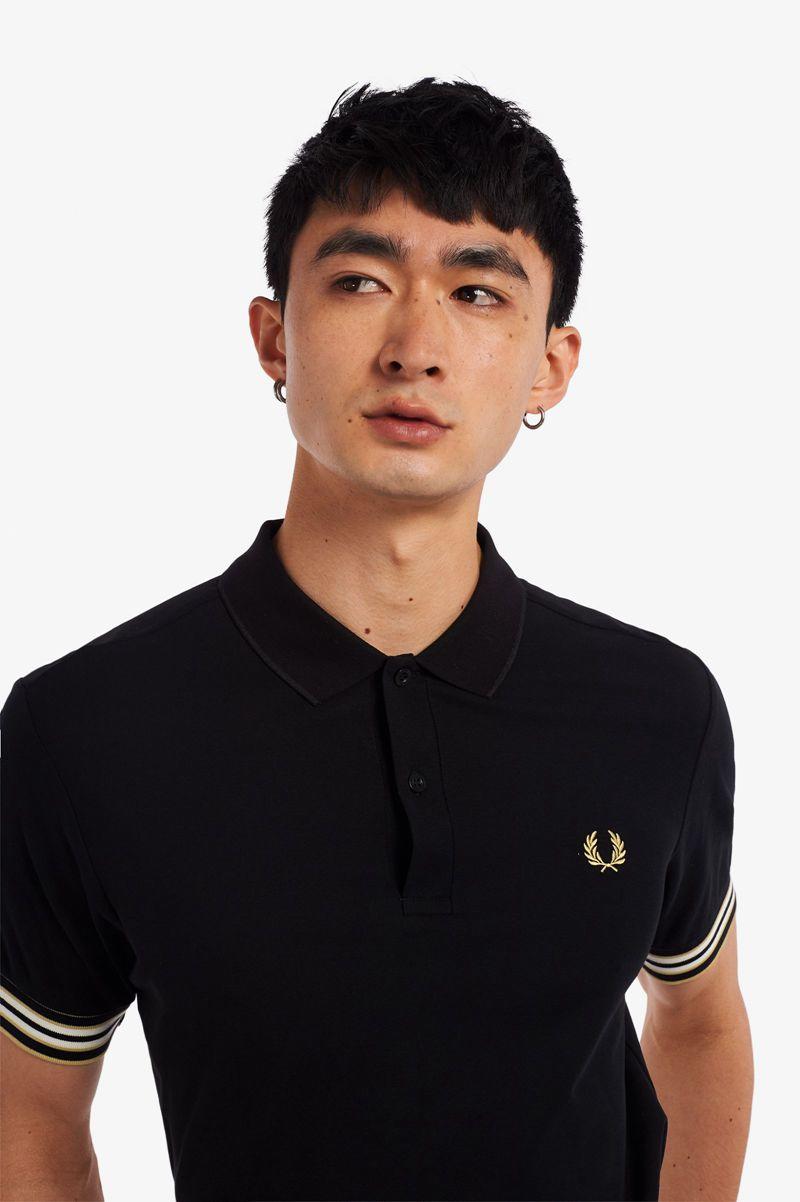 Black Fred Perry Striped Cuff Polo Men's Shirts | PH 1535GSOL